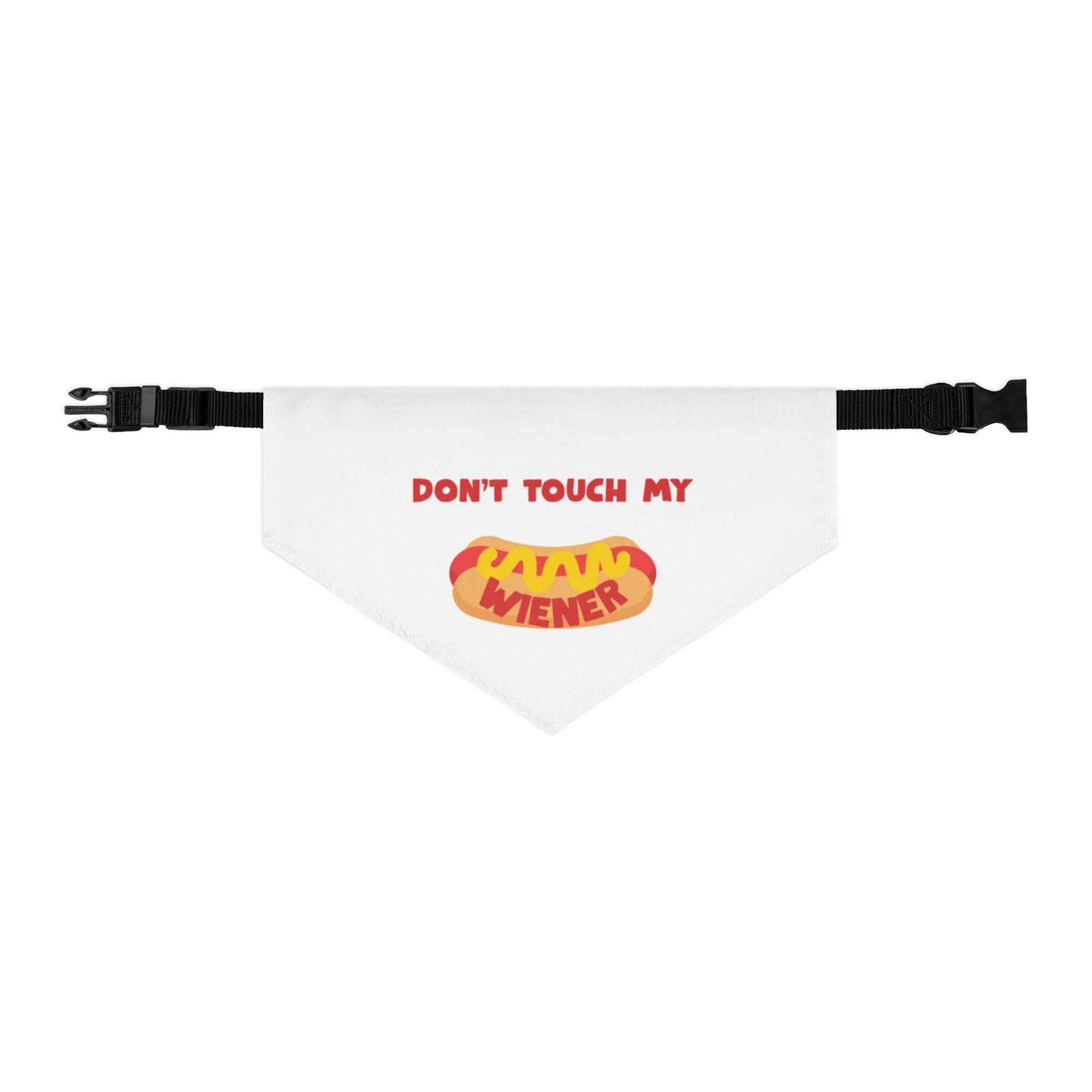 Pet dog wearing Appetite Apparel Don’t Touch My Weiner pet bandana collar with humorous print and adjustable collar strap.