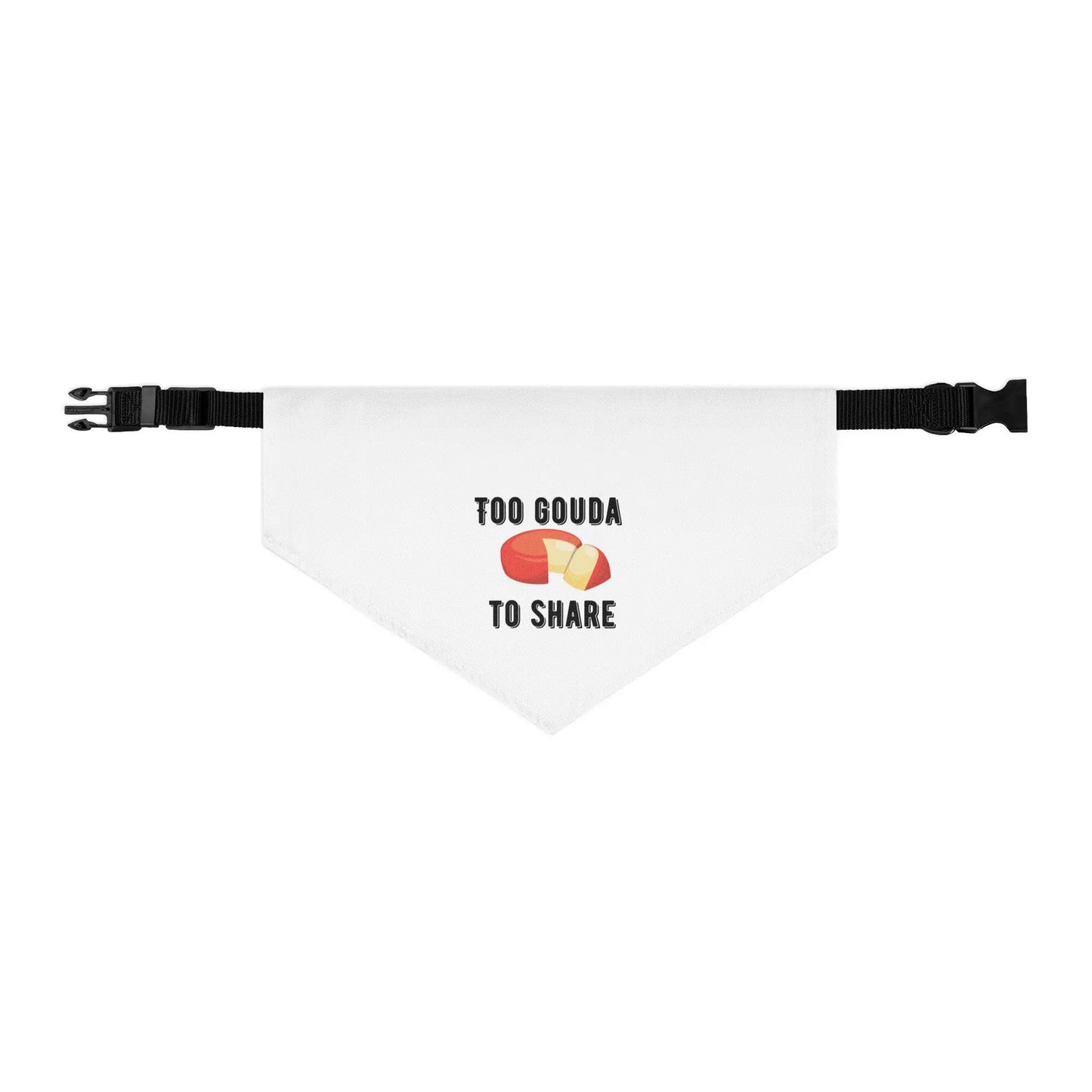 Pet bandana collar from Appetite Apparel with "Too Gouda To Share" print, featuring a stylish and comfortable accessory for dogs.