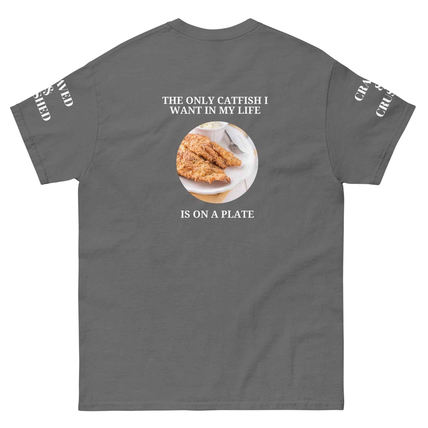 Maroon Catfish Catchers Union T-Shirt by Appetite Apparel featuring a fishing-themed graphic on the front.