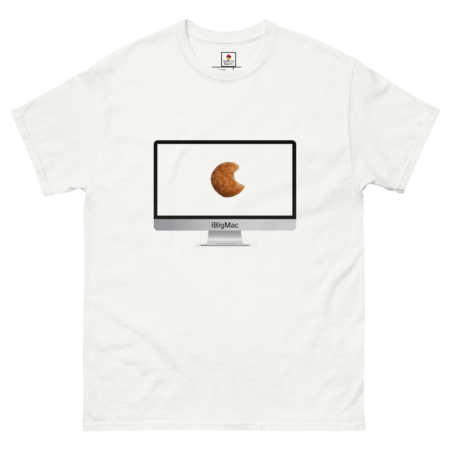 Sand-colored iBigMac T-Shirt by Appetite Apparel featuring a playful graphic of an iMac and Big Mac combo on the front.