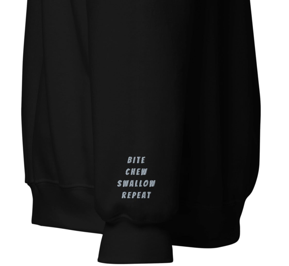 Appetite Apparel Just Eat It sweatshirt with Nike parody logo, featuring a casual fit and graphic design on a comfortable sweatshirt.