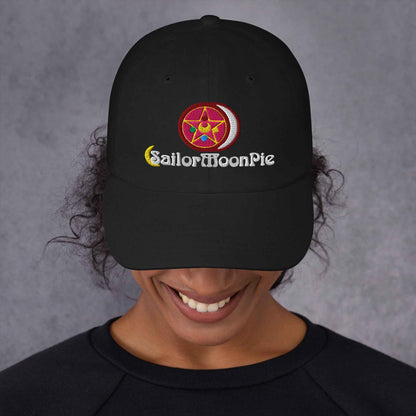 Black Sailor MoonPie Dad Hat by Appetite Apparel featuring embroidered Sailor Moon design and adjustable strap