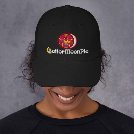 Black Sailor MoonPie Dad Hat by Appetite Apparel featuring embroidered Sailor Moon design and adjustable strap