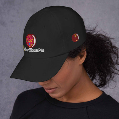 Black Sailor MoonPie Dad Hat by Appetite Apparel with embroidered Sailor MoonPie logo on front, casual and stylish accessory