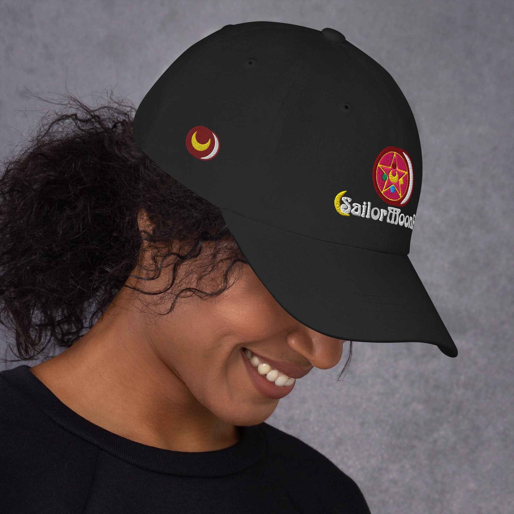 Black Sailor MoonPie Dad Hat by Appetite Apparel featuring embroidered Sailor MoonPie logo and adjustable strap.
