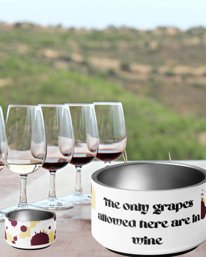Pet bowl featuring a grape and wine motif from Appetite Apparel, designed for dogs or cats.