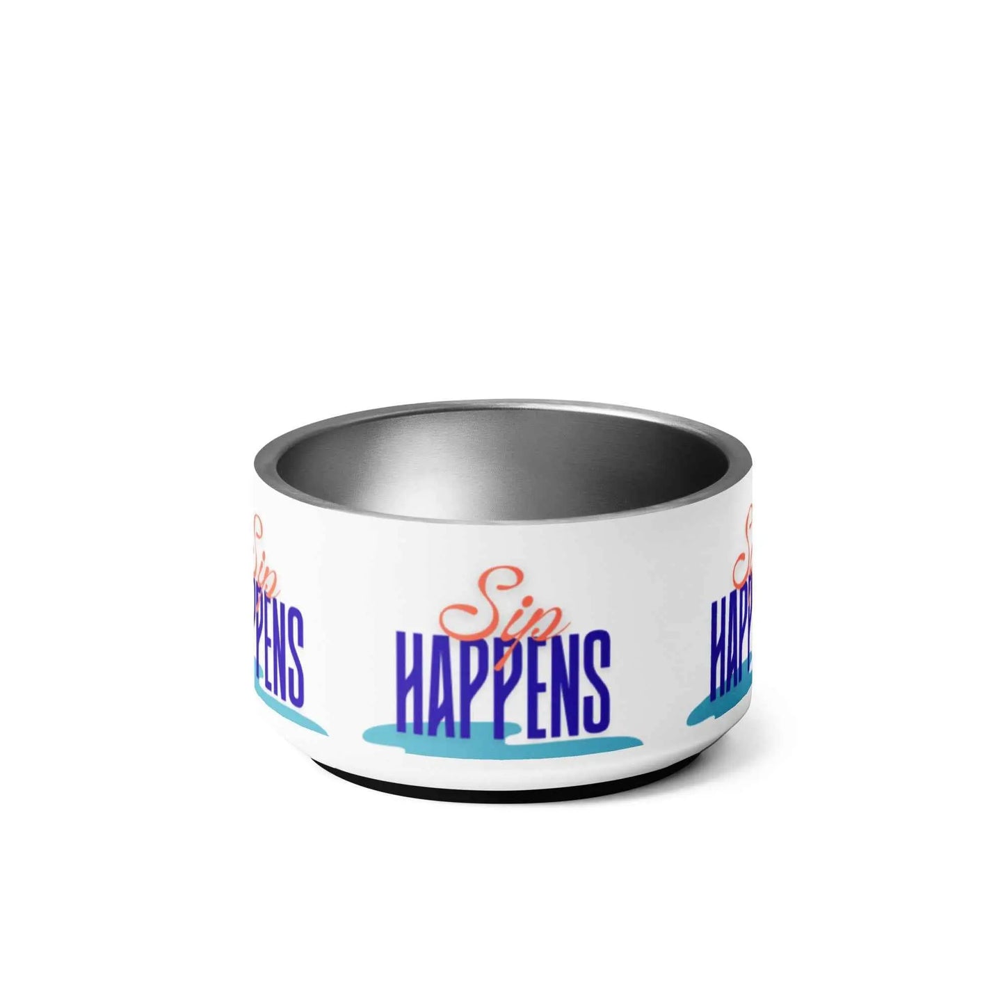 Appetite Apparel Sip Happens pet bowl with humorous text, ceramic material, suitable for cats and dogs.