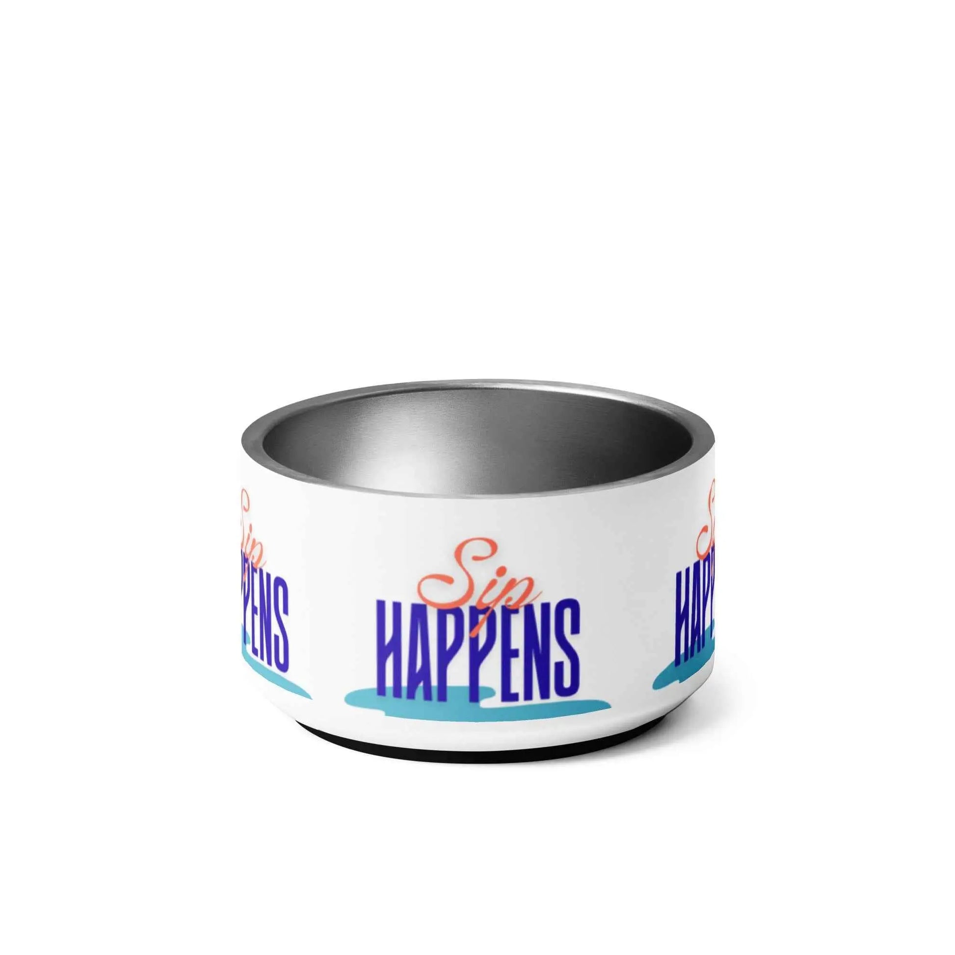 Appetite Apparel Sip Happens pet bowl with humorous text, ceramic material, suitable for cats and dogs.