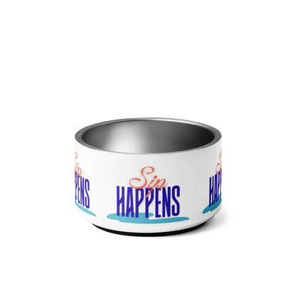 Appetite Apparel Sip Happens pet bowl with humorous text, ceramic material, suitable for cats and dogs.