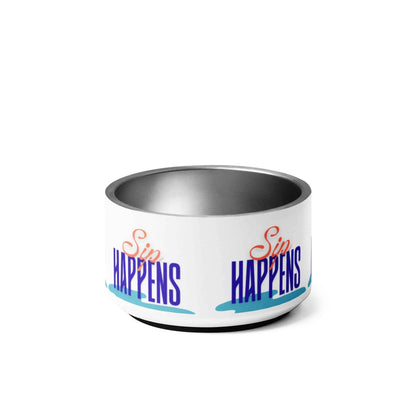 Appetite Apparel Sip Happens pet bowl with humorous design, featuring a white ceramic bowl with black text and paw print accents.