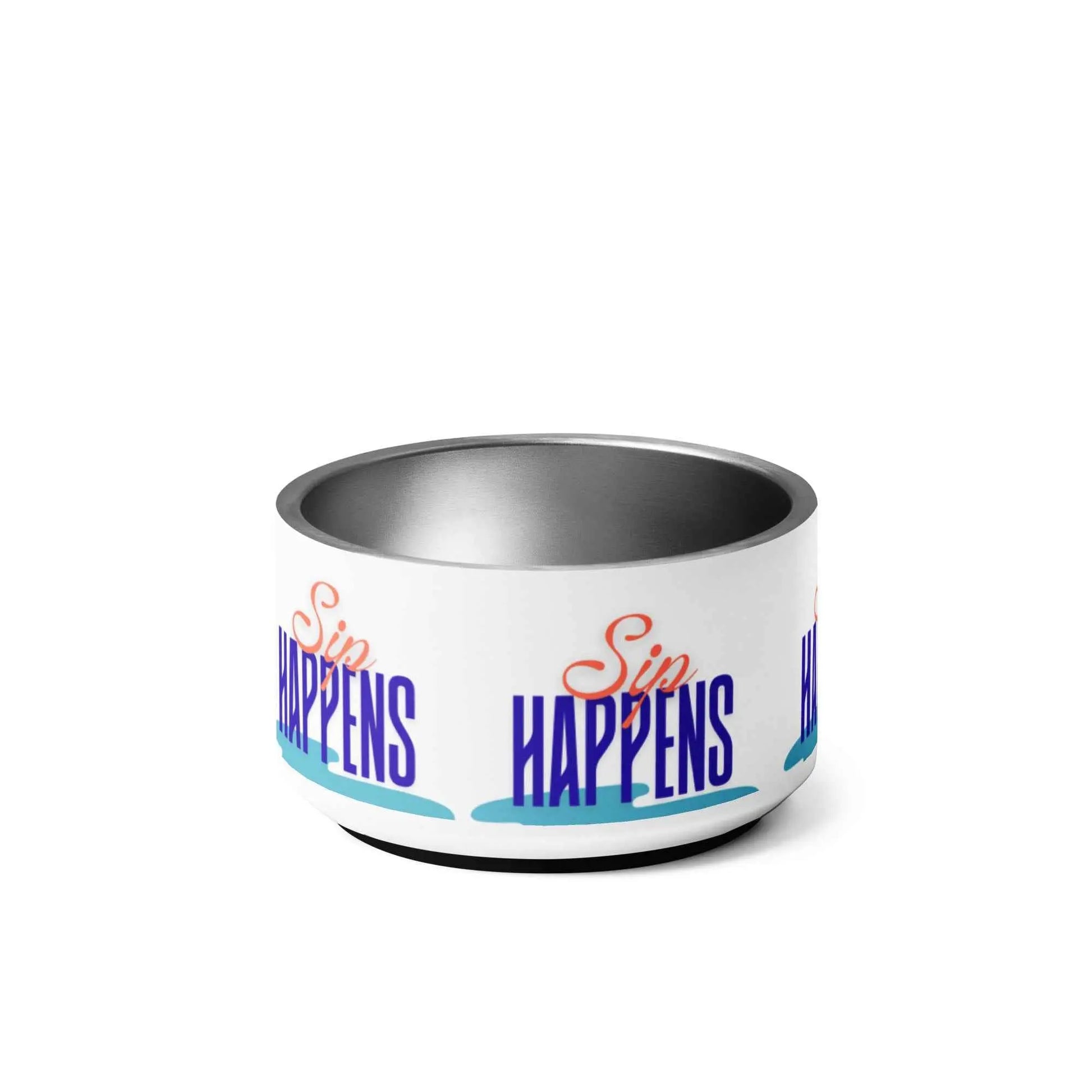 Ceramic pet bowl with "Sip Happens" slogan by Appetite Apparel, featuring a playful design and colorful accents.