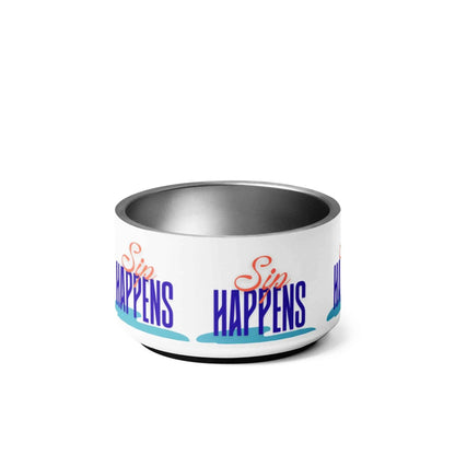 Ceramic pet bowl with "Sip Happens" slogan by Appetite Apparel, featuring a playful design and colorful accents.