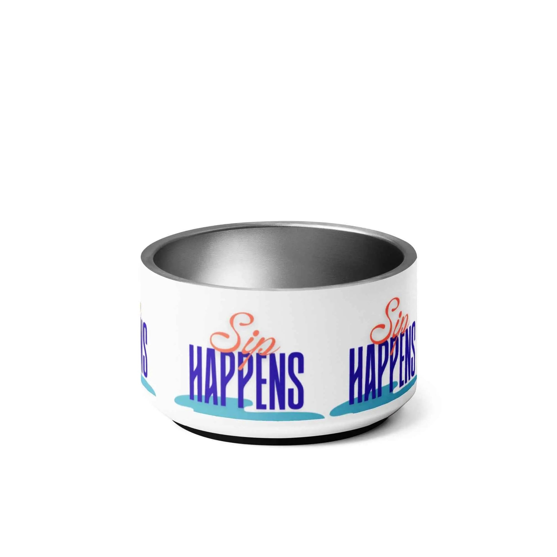 Appetite Apparel Sip Happens pet bowl featuring a humorous printed design, perfect for dogs and cats.