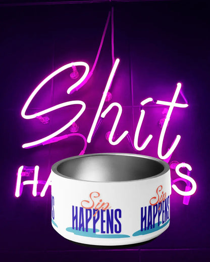 Appetite Apparel Sip Happens pet bowl with humorous slogan, ceramic dish for cats or dogs, black and white design.