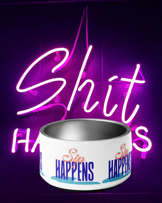 Appetite Apparel Sip Happens pet bowl with humorous slogan, ceramic dish for cats or dogs, black and white design.