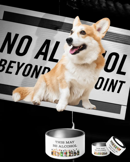 Appetite Apparel This May Be Alcohol pet bowl with humorous design, suitable for cats or dogs, made of durable ceramic material.