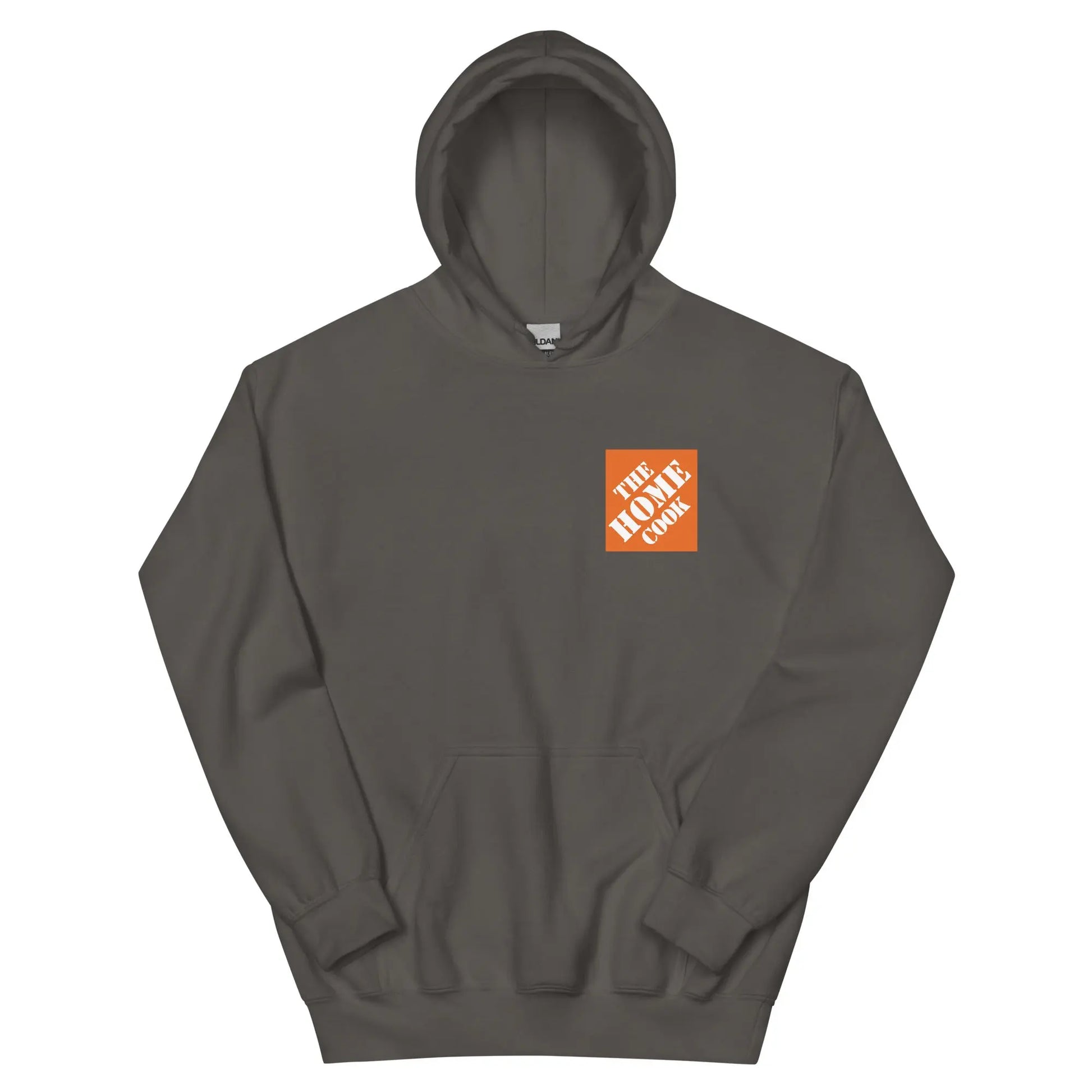 Indigo blue hoodie by Appetite Apparel featuring a parody of The Home Depot logo on the front. Cozy, casual hoodie style.
