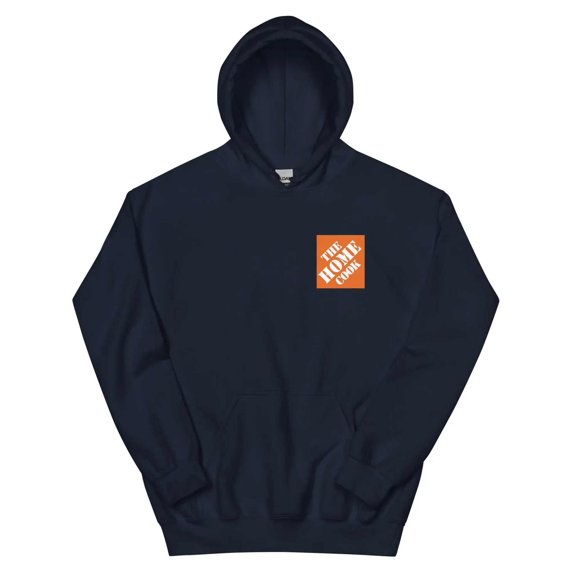 Indigo blue The Home Cook Hoodie by Appetite Apparel featuring a parody of The Home Depot logo on a casual hoodie.