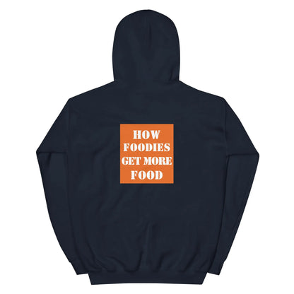 Indigo blue hoodie by Appetite Apparel featuring "The Home Cook" parody logo and hoodie design.