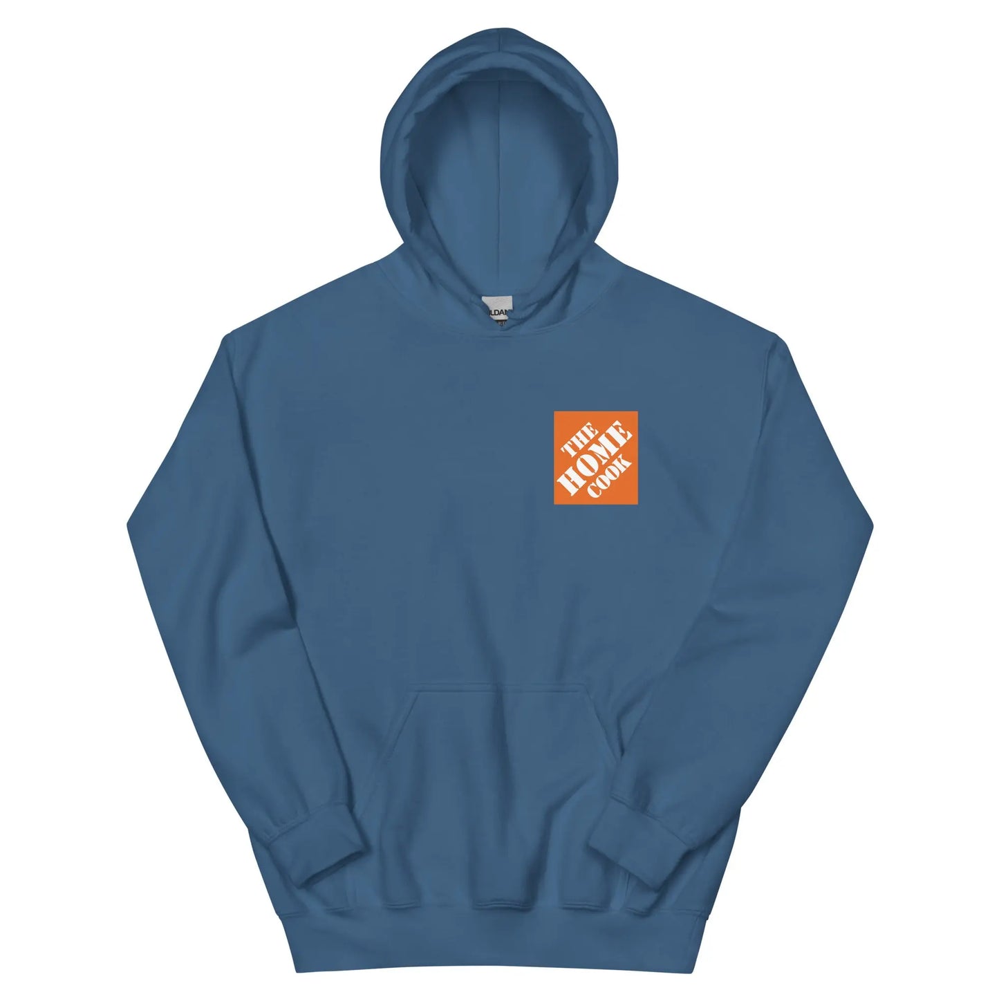 Indigo blue hoodie from Appetite Apparel featuring a parody logo of The Home Depot, casual fit and comfortable fabric.