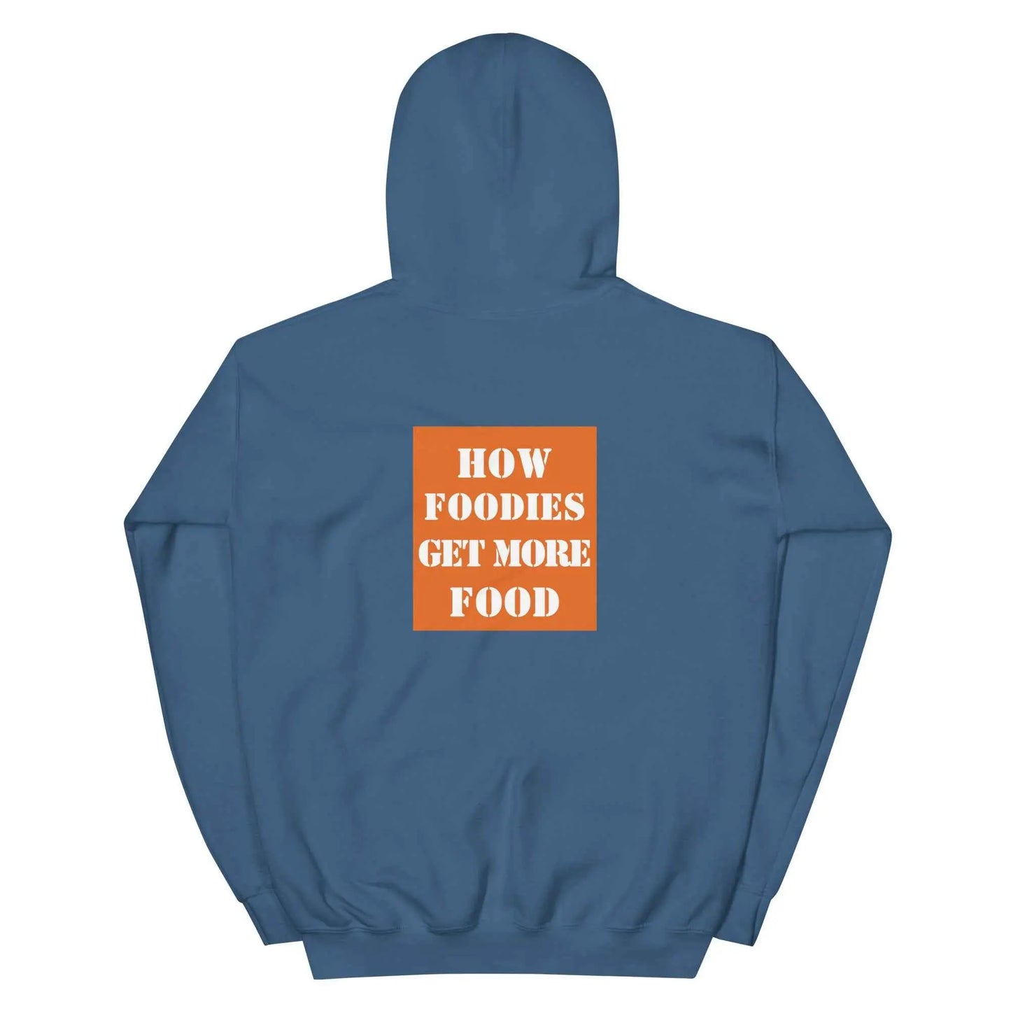 Indigo blue hoodie by Appetite Apparel featuring a parody of The Home Depot logo and "The Home Cook" text on the front.