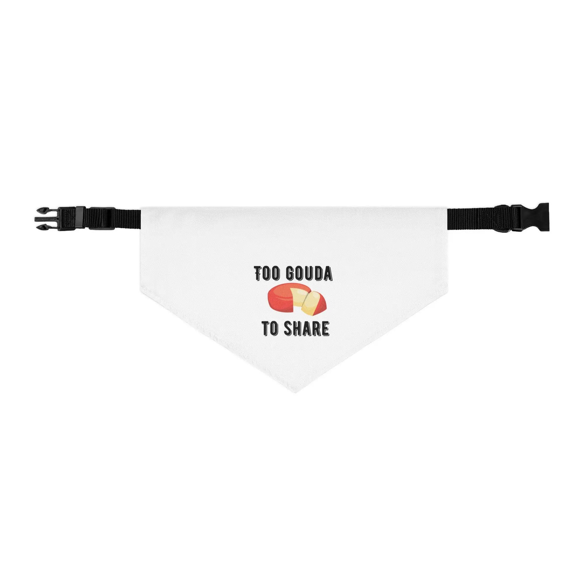 Pet bandana collar from Appetite Apparel with "Too Gouda To Share" print, featuring a stylish and comfortable accessory for dogs.