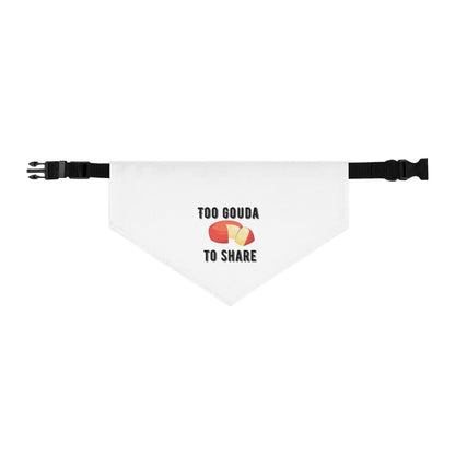 Pet bandana collar from Appetite Apparel with "Too Gouda To Share" print, featuring a stylish and comfortable accessory for dogs.