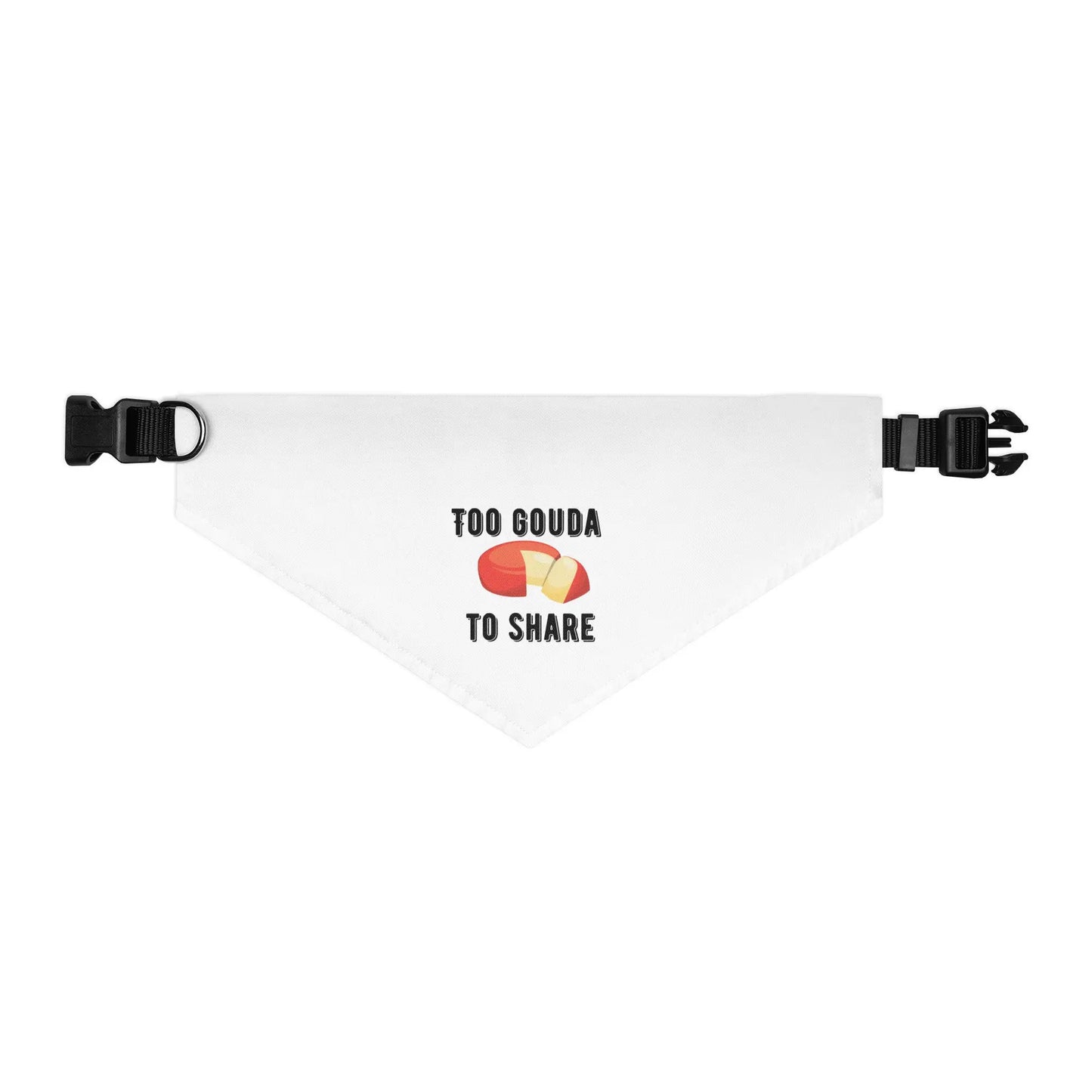 Pet dog wearing Appetite Apparel Too Gouda To Share pet bandana collar with cheese and dog print design.