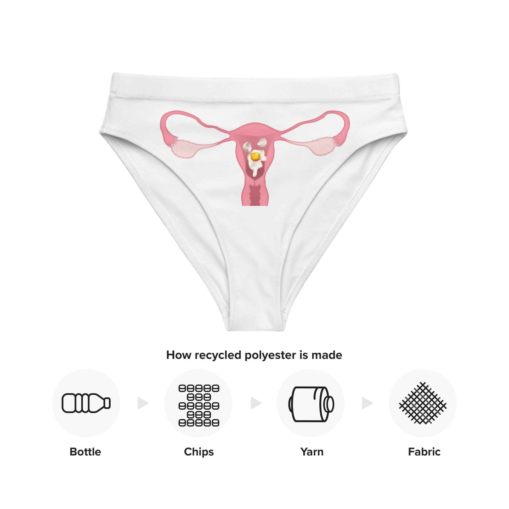 Cracked Egg swim bikini bottoms by Appetite Apparel showing XS size with a playful cracked egg pattern on lightweight swimwear