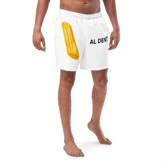 Al Dente Pasta swim shorts by Appetite Apparel featuring a playful pasta print, casual fit, and elastic waistband.