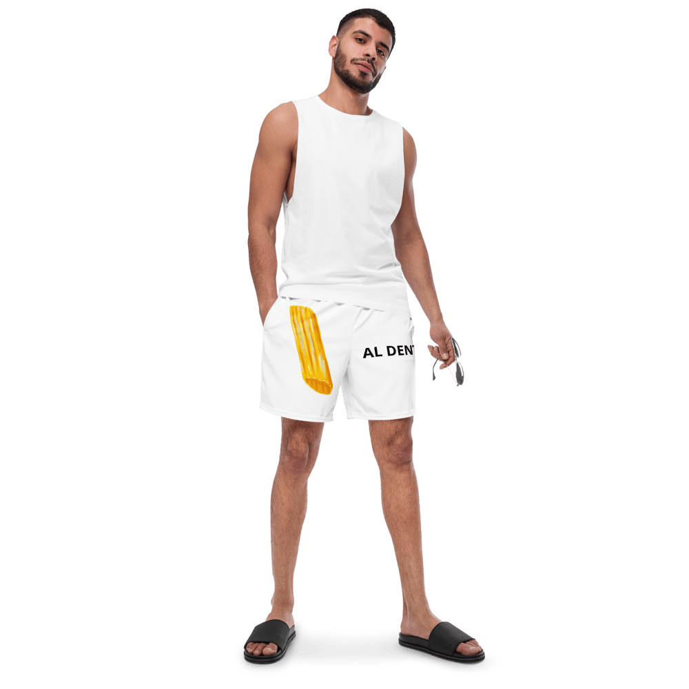 Al Dente Pasta Swim Shorts by Appetite Apparel, lightweight blue swim shorts with pasta print, designed for beach or pool wear.