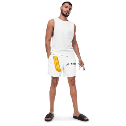 Al Dente Pasta Swim Shorts by Appetite Apparel, lightweight blue swim shorts with pasta print, designed for beach or pool wear.