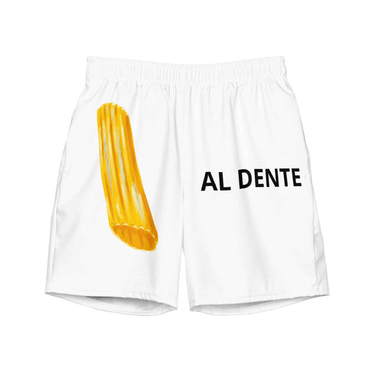 Al Dente Pasta Swim Shorts by Appetite Apparel featuring a fun pasta print, lightweight fabric, and adjustable waistband.