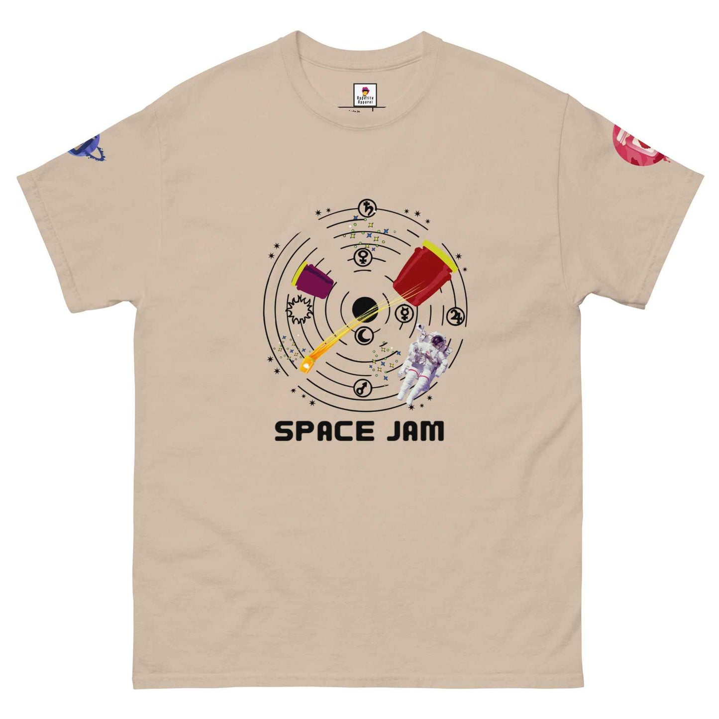 Appetite Apparel Space Jam T-Shirt featuring colorful space and jam-themed graphics on a pink azalea background.