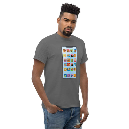 Black Appetite Apparel T-Shirt featuring playful appetizers as applications design, perfect for tech and food enthusiasts.