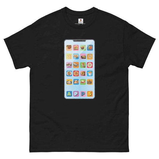 Black Appetite Apparel T-Shirt featuring playful "Appetizers as Applications" graphic, perfect for tech and food lovers.