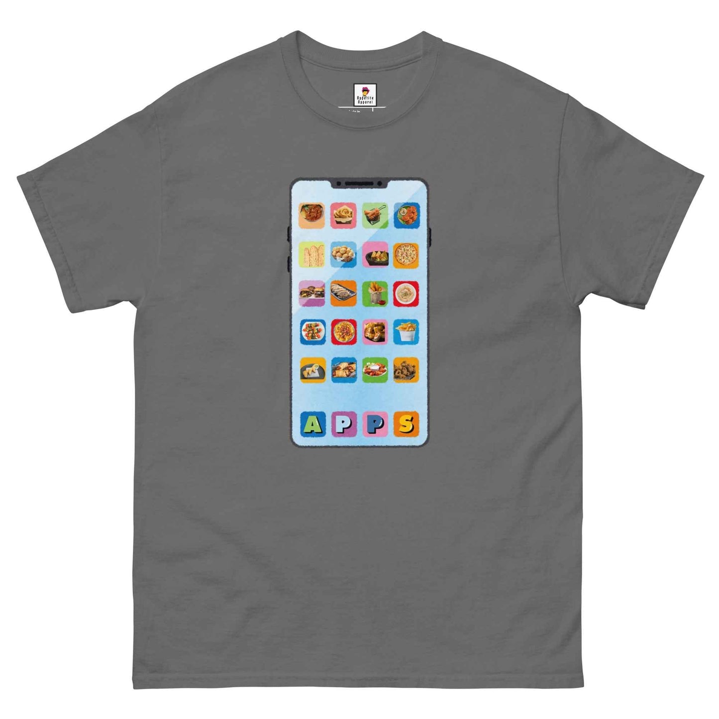 Black Appetite Apparel T-Shirt featuring a graphic design of appetizers as applications, perfect for tech and food lovers.