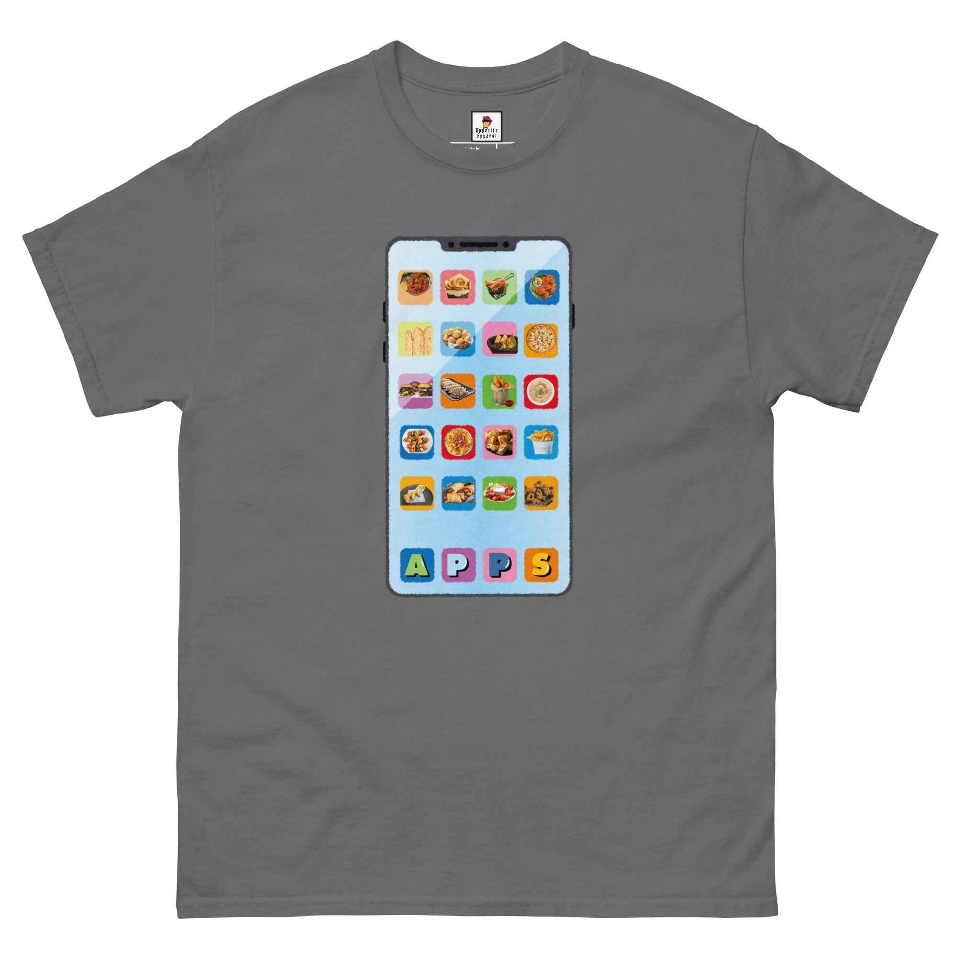 Black Appetite Apparel T-Shirt featuring a graphic design of appetizers as applications, perfect for tech and food lovers.