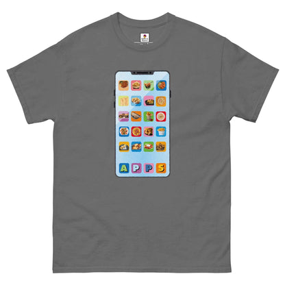 Black Appetite Apparel T-Shirt featuring a graphic design of appetizers as applications, perfect for tech and food lovers.