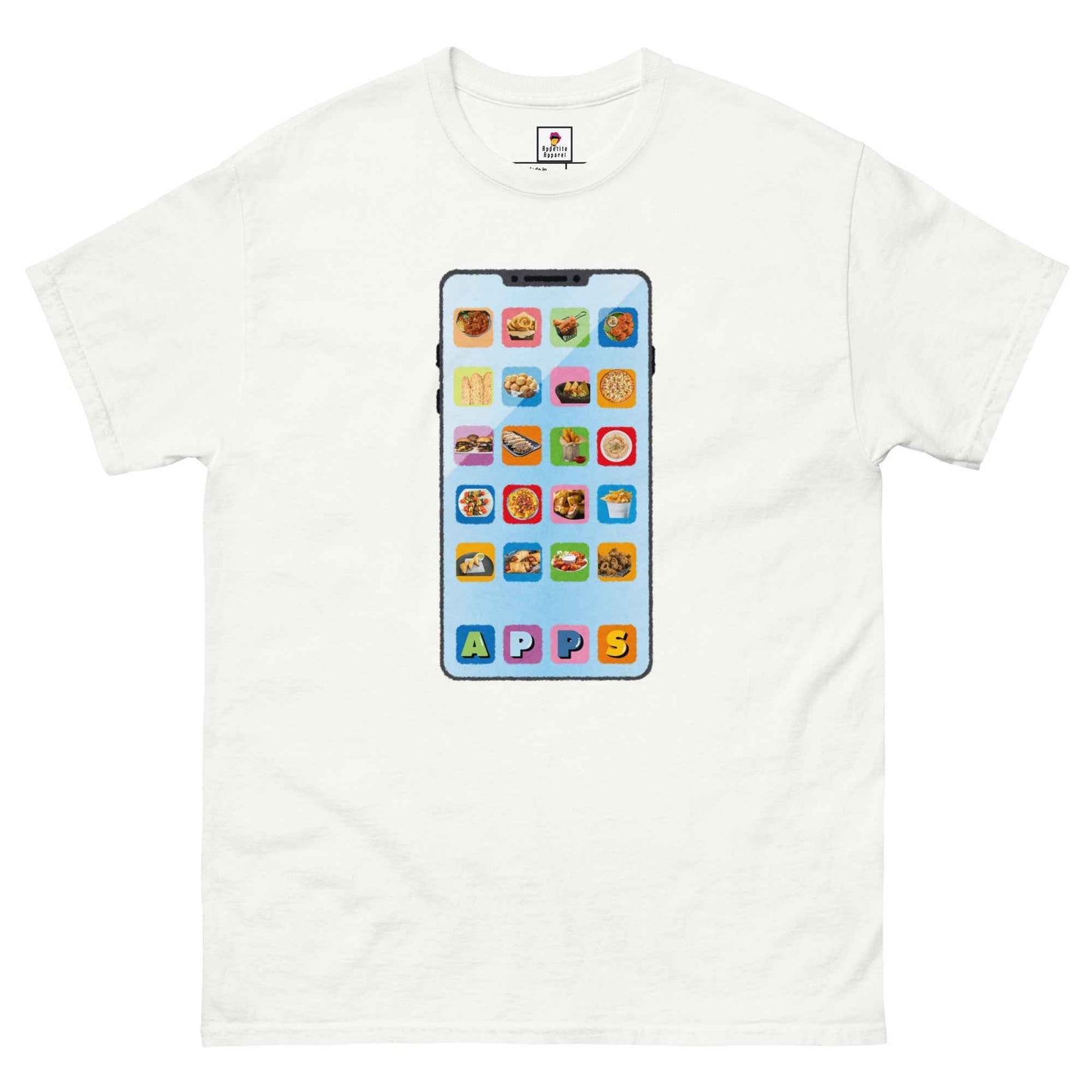 Black Appetite Apparel T-Shirt with "Appetizers as Applications" design, featuring a casual fit and graphic print.