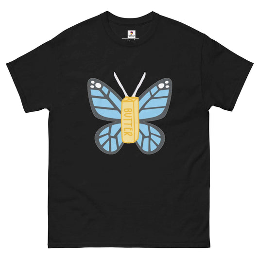 Black Appetite Apparel Butterfly T-Shirt featuring a butterfly and fly design on the front, casual and stylish for everyday wear.