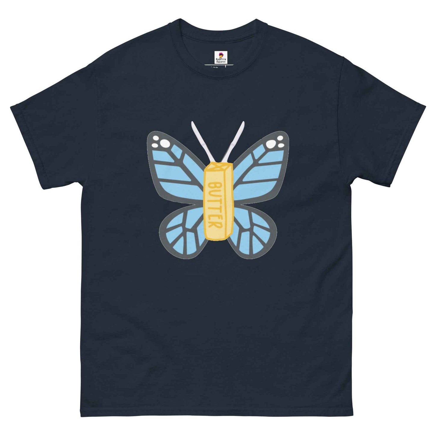 Black Butterfly T-Shirt by Appetite Apparel featuring a butterfly and fly graphic on the front.