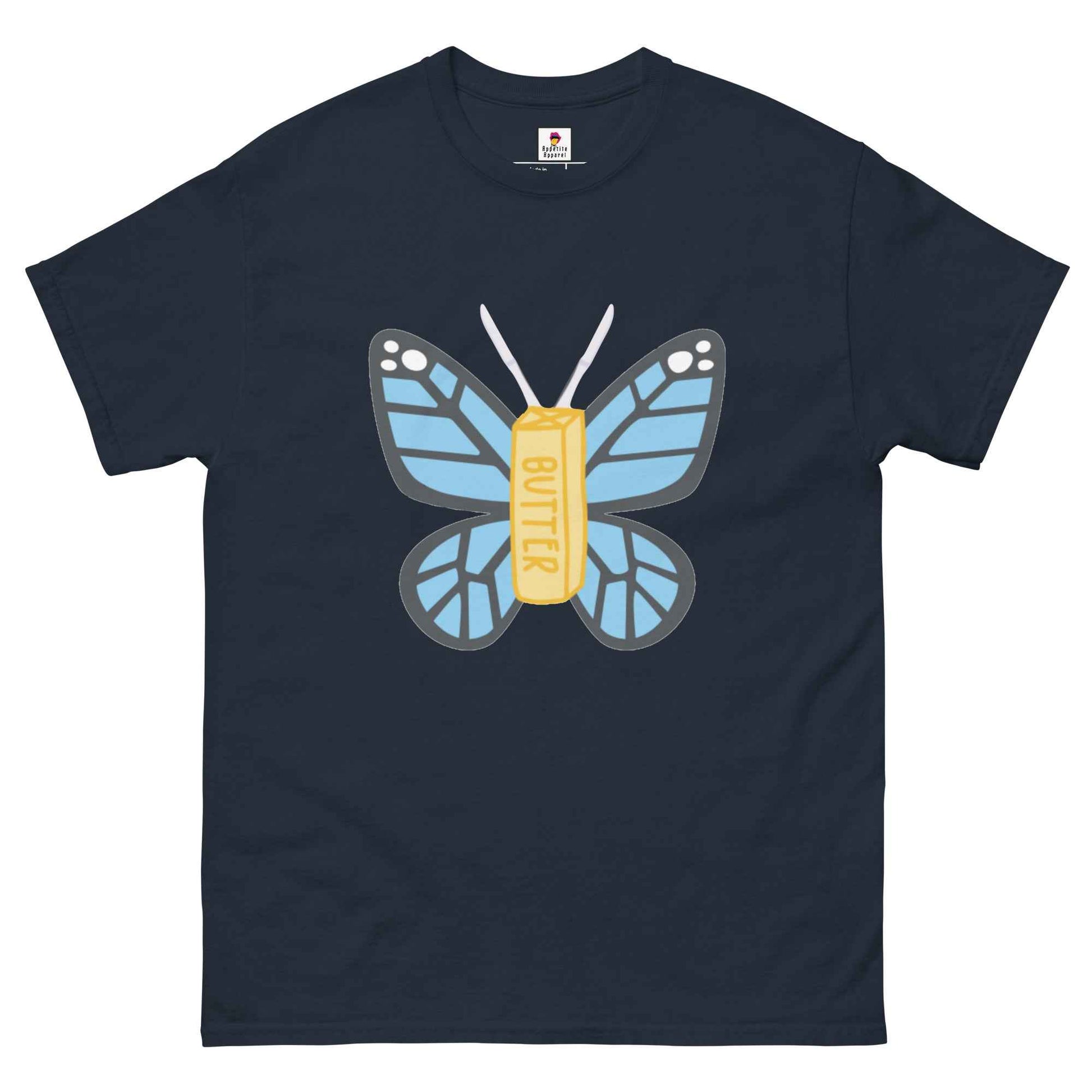 Black Butterfly T-Shirt by Appetite Apparel featuring a butterfly and fly graphic on the front.