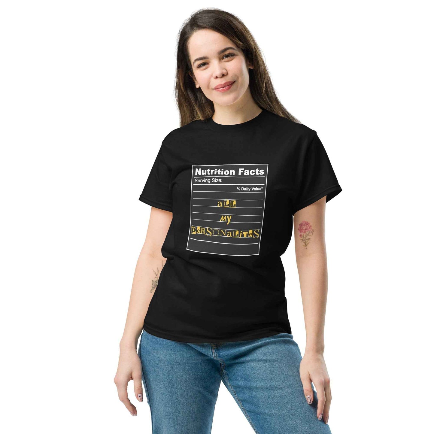 Black Appetite Apparel Personalities T-Shirt with Nutrition Facts design, casual clothing with fun, detailed graphic on front.