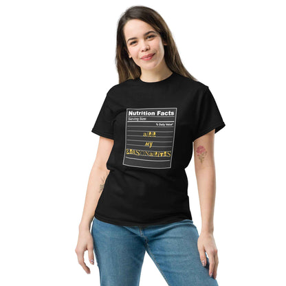 Black Appetite Apparel Personalities T-Shirt with Nutrition Facts design, casual clothing with fun, detailed graphic on front.