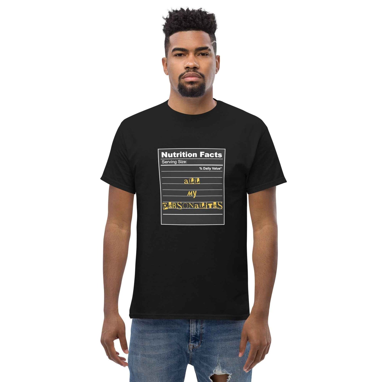 Black Appetite Apparel Personalities Serving Size Nutrition Facts T-Shirt featuring a printed nutrition label design on the front.