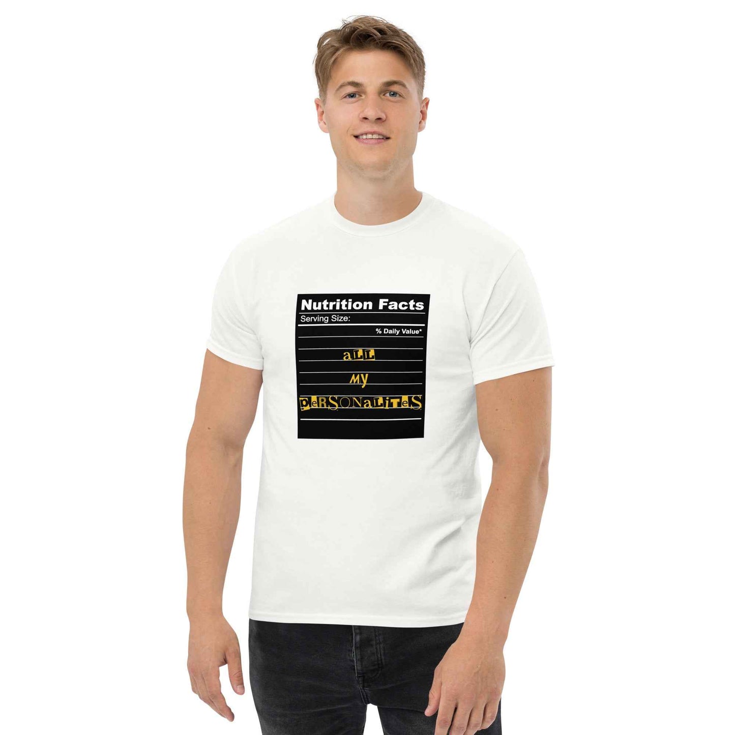 Black Appetite Apparel Personalities Serving Size Nutrition Facts T-Shirt showing a graphic of a nutrition label on the front.