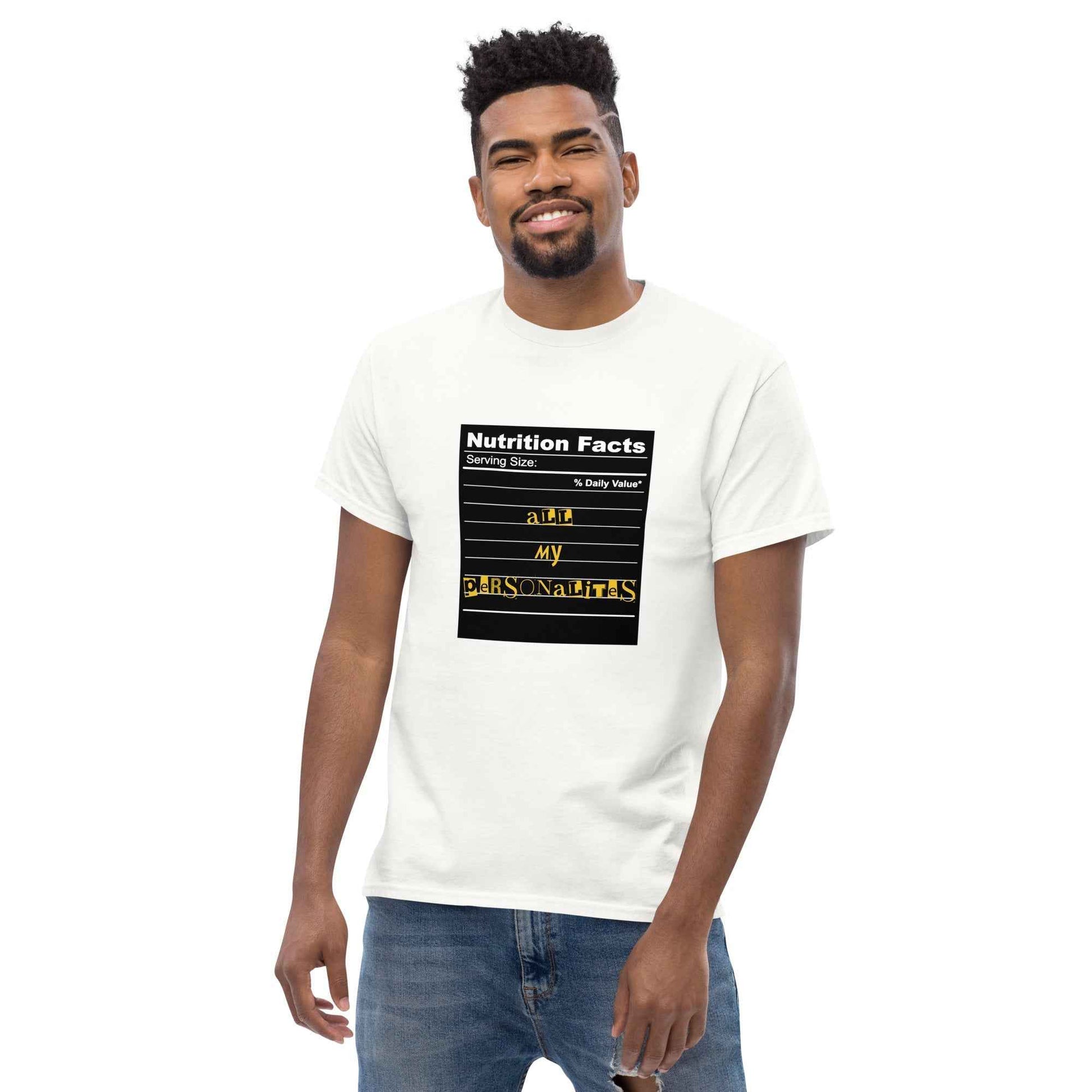 Black Appetite Apparel Personalities Serving Size Nutrition Facts T-Shirt showing a humorous nutrition label design on the front.