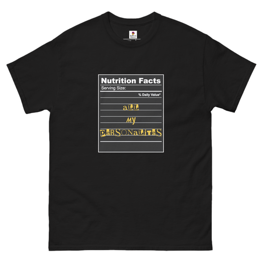 Black Appetite Apparel T-Shirt featuring a Personalities Serving Size Nutrition Facts design on the front.