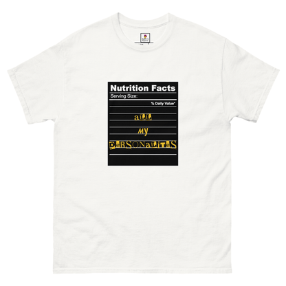 Black Appetite Apparel Personalities Serving Size Nutrition Facts T-Shirt with graphic design on front.